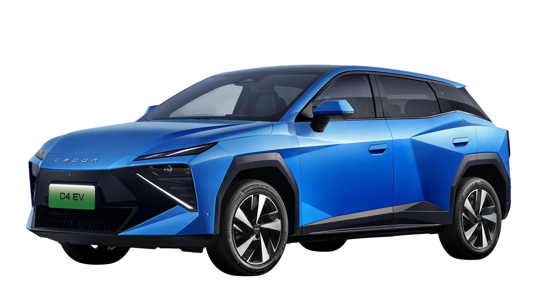 OMODA 04 EV biru tampak depan samping.
